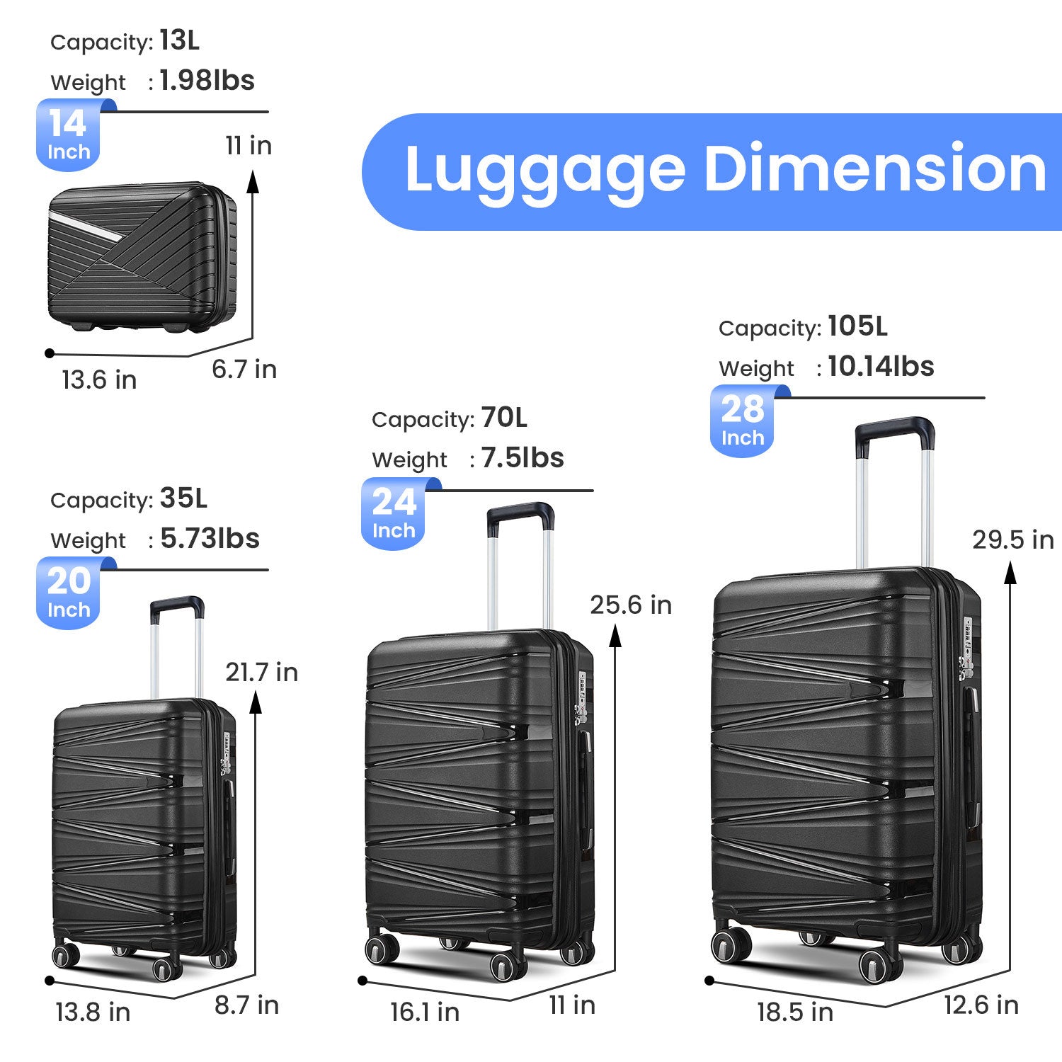 Luggage 4 Piece Sets 14 20 24 28 , Hard Shell Lightweight Tsa Lock Carry On Expandable Suitcase With Spinner Wheels Travel Set For Men Women Black Polypropylene