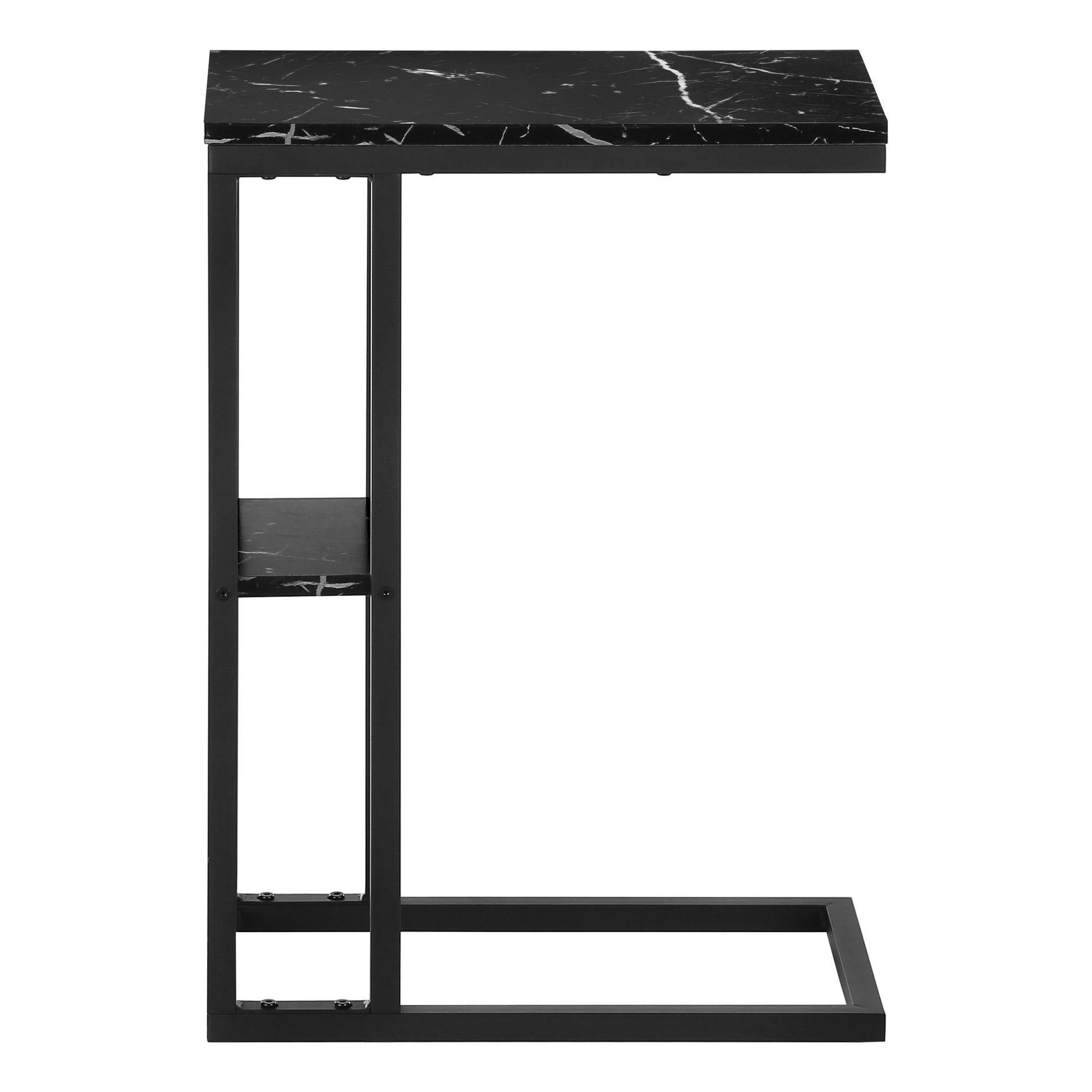 Accent Table, C Shaped, End, Side, Snack, Living Room, Bedroom, Black Marble Look Laminate, Black Metal, Contemporary, Modern Black Particle Board