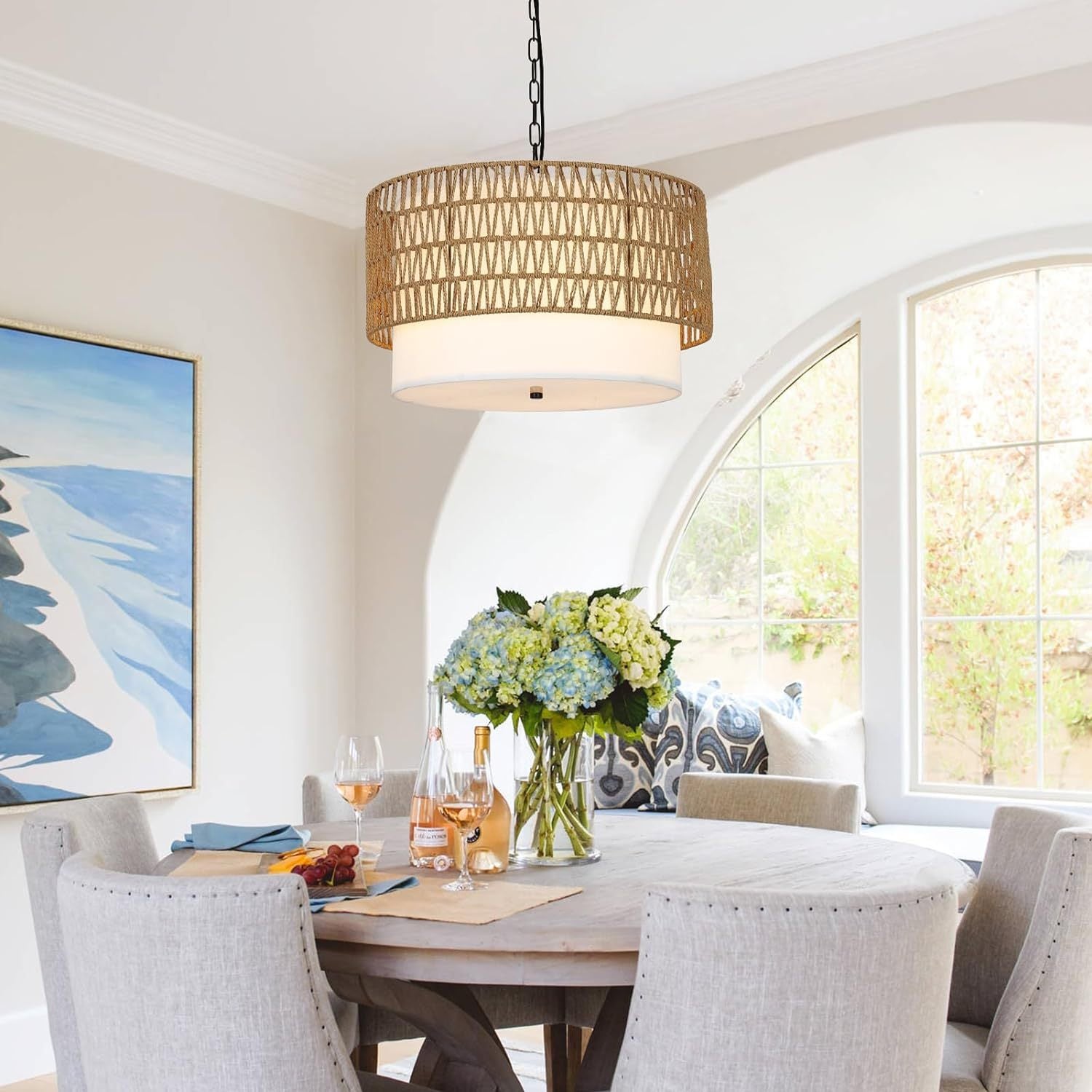 Farmhouse Chandeliers For Dining Room,5 Light Rattan Boho Chandelier Light Fixture With Fabric Shade,Hand Woven Large Rattan Dining Room Light Fixture For Kitchen Bedroom Island Hallway Brown Rattan Metal