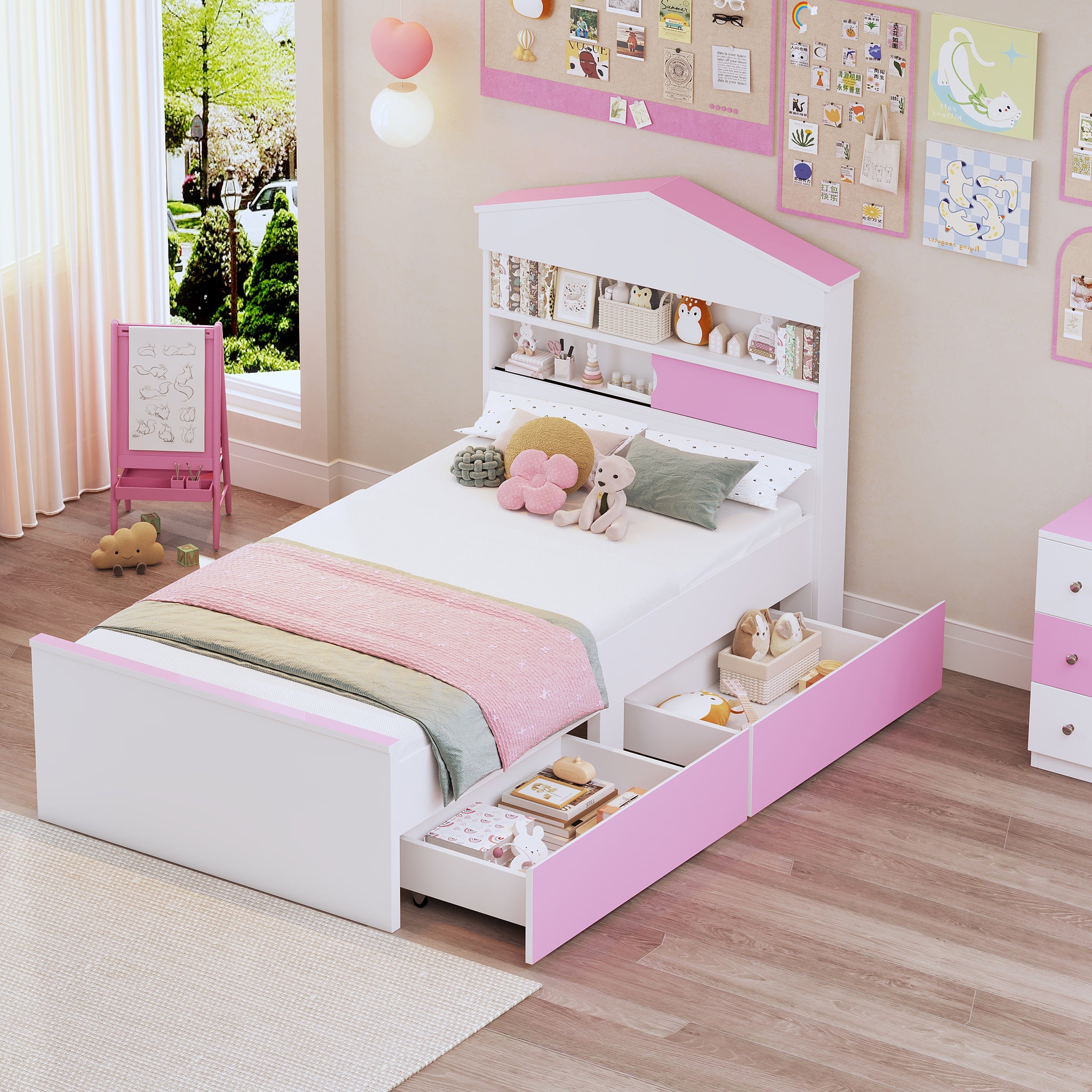 Twin Size House Shaped Wooden Bed With Storage Shelf On The Headboard, Built In Two Storage Drawers, Pink Pink White Wood