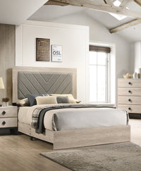 Contemporary 1Pc Cream Finish Eastern King Size Bed Bedroom Furniture Gray V Design Headboard Rubberwood 1Pc Bedframe Box Spring Required King Cream Grey Wood Bedroom