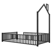 Twin Size Metal House Platform Bed With Guardrail And Chimney, Black Box Spring Not Required Twin Black Metal Metal