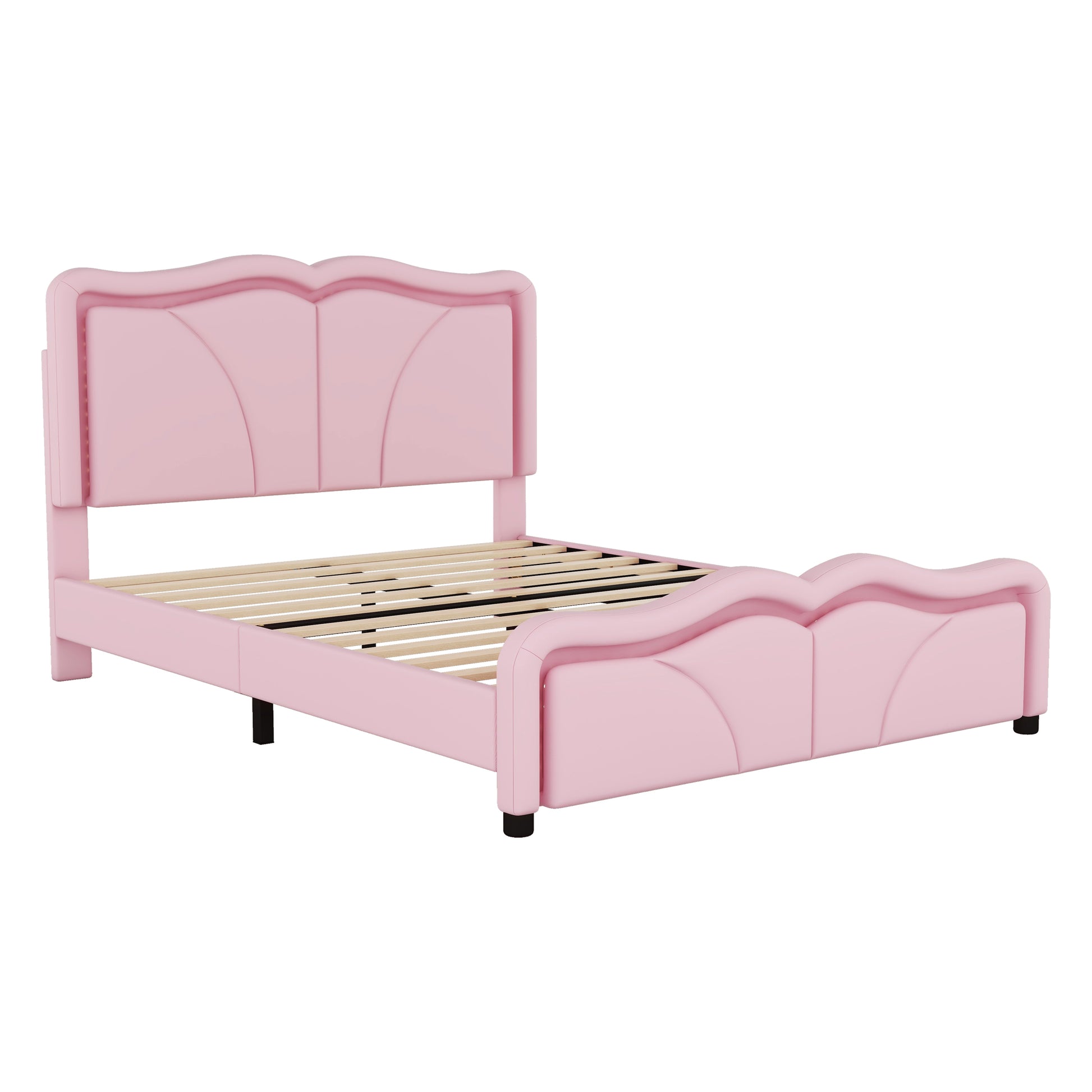 Full Size Upholstered Platform Bed With Curve Shaped And Height Adjustbale Headboard,Led Light Strips,Pink Full Pink Upholstered