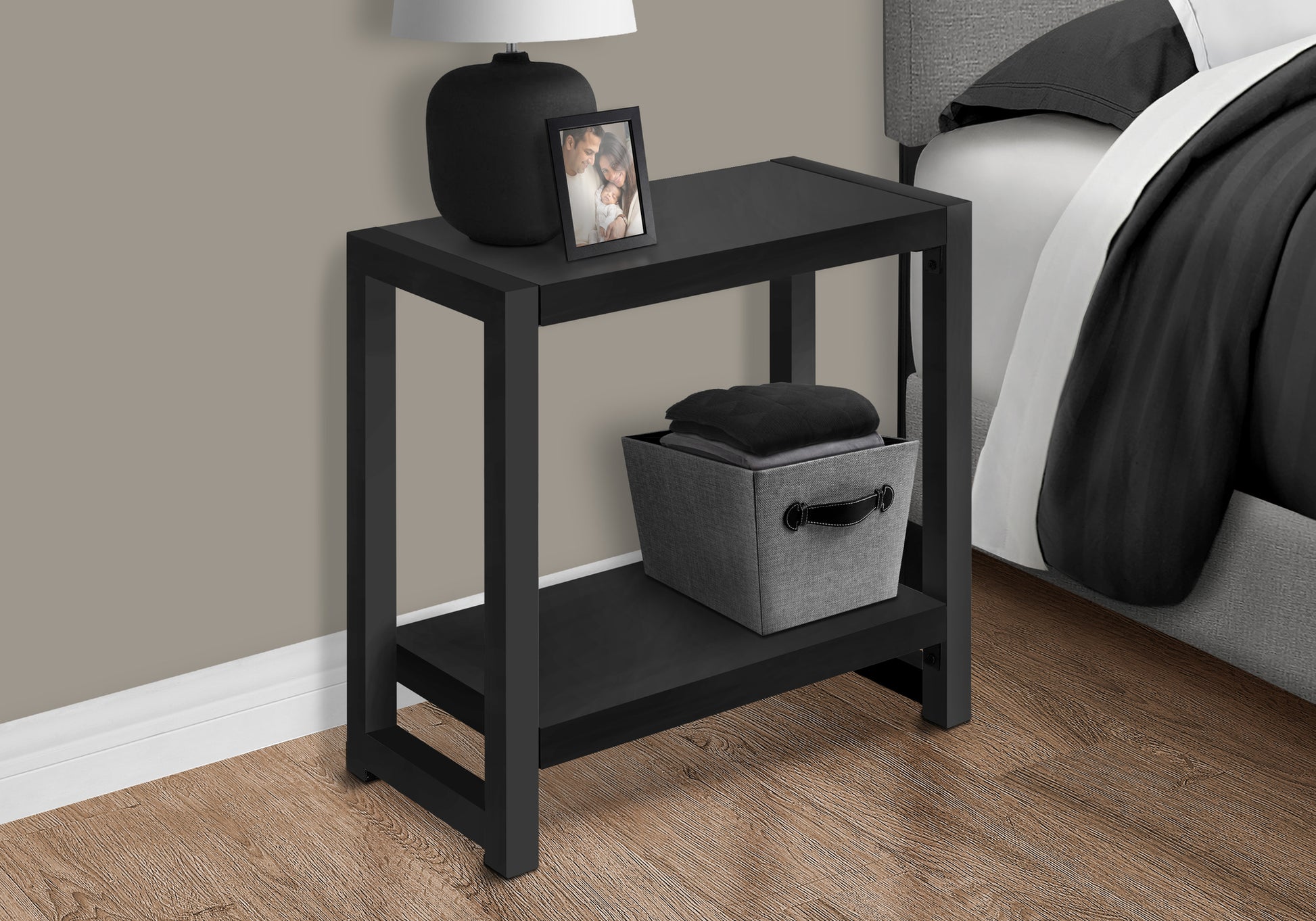 Accent Table, Side, End, Narrow, Small, 2 Tier, Living Room, Bedroom, Black Laminate, Black Metal, Contemporary, Modern Black Particle Board