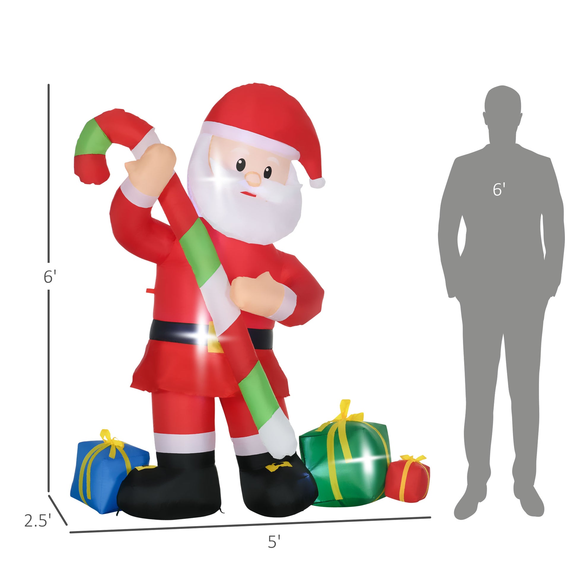 Homcom 6Ft Christmas Inflatables Outdoor Decorationss Decorations Santa Claus With Candy Cane, Blow Up Led Yard Christmas Decor Multicolor Polyester