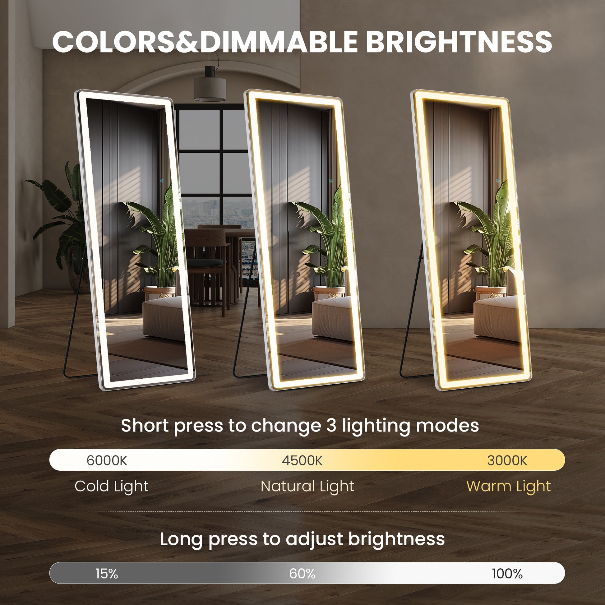 3 Color Lighting Mirror With Led Lights, 71"X26" Lighted Floor Standing Mirror With Stand Black Fiberglass