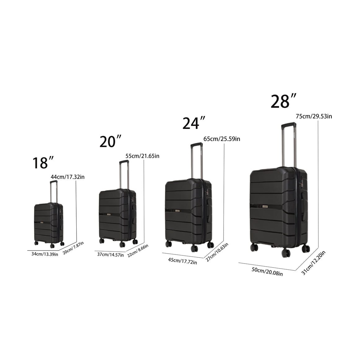 4 Piece Luggage Set 18 Inches, 20 Inches, 24 Inches, 28 Inches , Wheeled Luggage, Hard Expandable Luggage With Four Swivel Wheels, Black Luggage Suitable For Work Travel, Vacation Or Weekend Travel Black Polypropylene