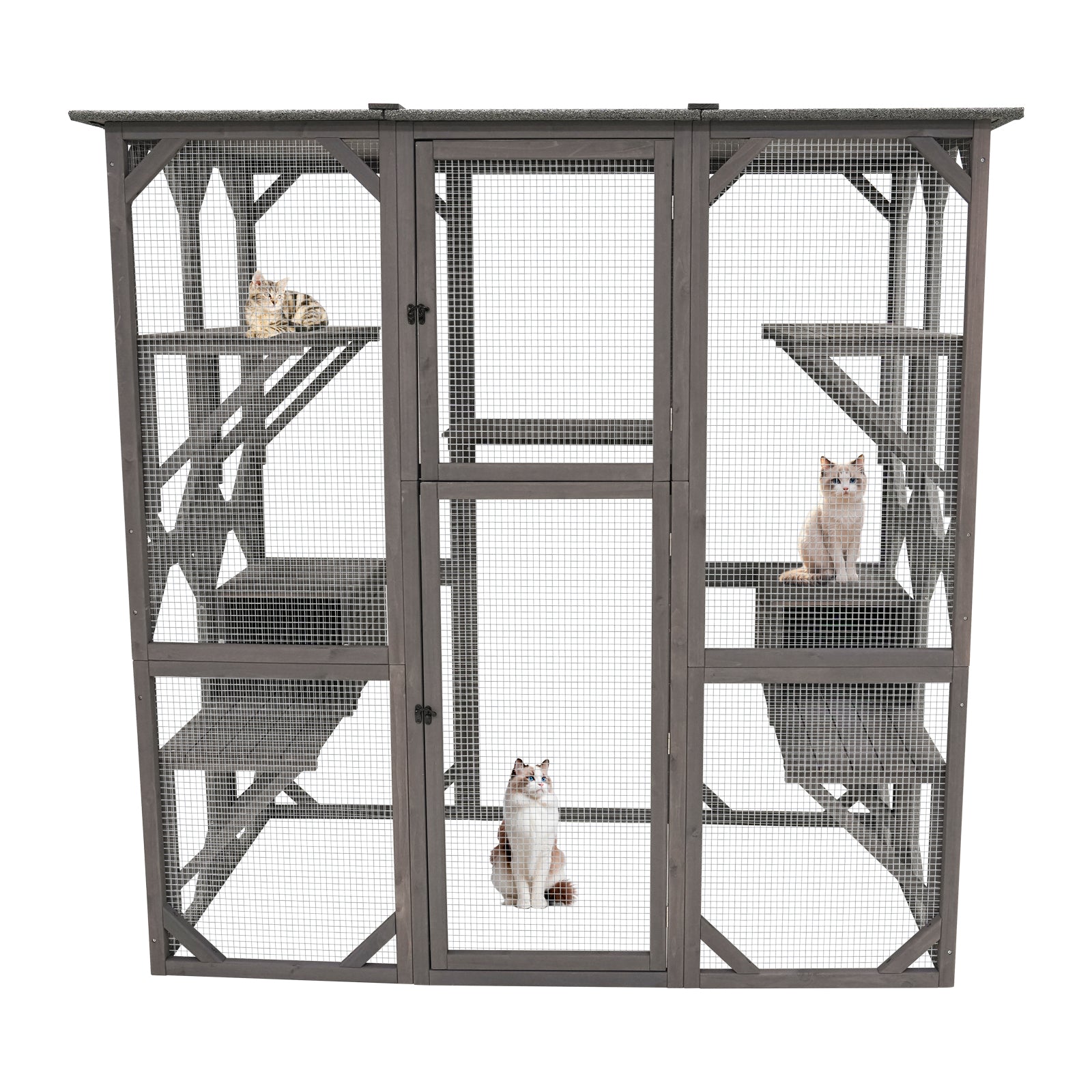 Catio Outdoor Cat Enclosure Cat Catio Cat House, Cat Cage Condo Indoor Playpen Kitty House Shelter With Multi Platforms, Waterproof Roof, Pull Out Tray 71.3" L X 38.4" W X 70.7" H Grey Solid Wood