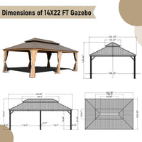 14X22Ft Hardtop Gazebo, Outdoor Gazebo With Galvanized Steel Double Roof, Aluminum Frame, Built In Gutter System, Curtain And Netting, Metal Gazebo Pavilion For Patio Deck Garden, Wood Looking