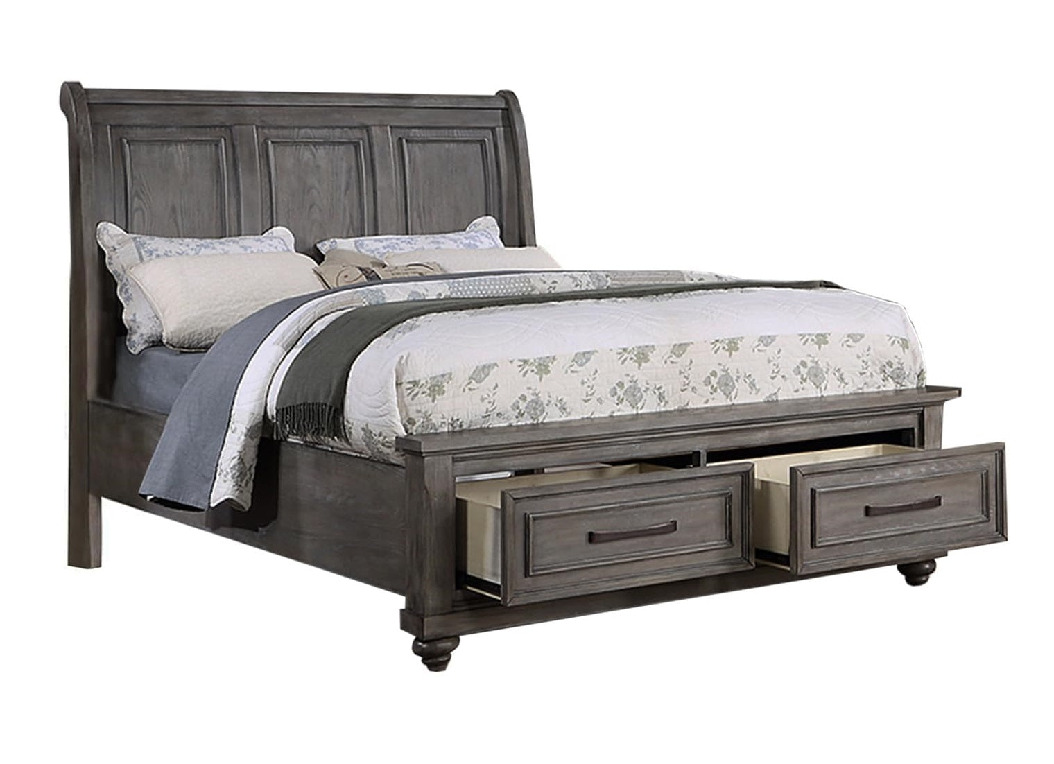 Queen Size Bed W Underbed Drawer Vintage Look Gray Color Beautiful Panel 1Pc Bedframe Bedroom Box Spring Required Queen Antique Gray,Gray Wood Bedroom Contemporary,Modern,Transitional Storage