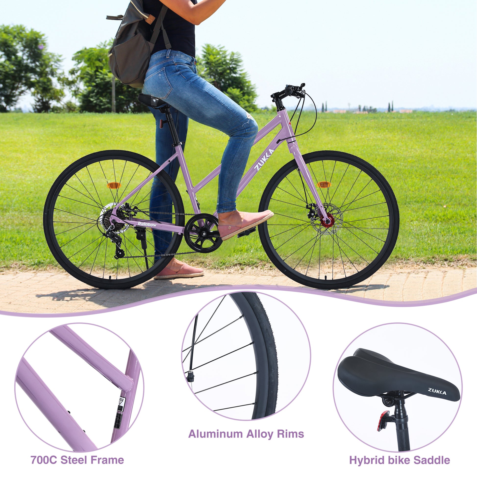 7 Speed Hybrid Bike Disc Brake 700C Road Bike For Men Women'S City Bicycle Cycling Light Purple Garden & Outdoor Carbon Steel