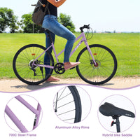 7 Speed Hybrid Bike Disc Brake 700C Road Bike For Men Women'S City Bicycle Cycling Light Purple Garden & Outdoor Carbon Steel