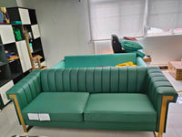 Fx P81Pu Gr Sofa Modern Green Pu Sofa With Gold Accents Sleek Channel Tufted Upholstery, 3 Seat Couch For Living Room And Office Decor Temu Suitable Retro Green Pu 2 Seat