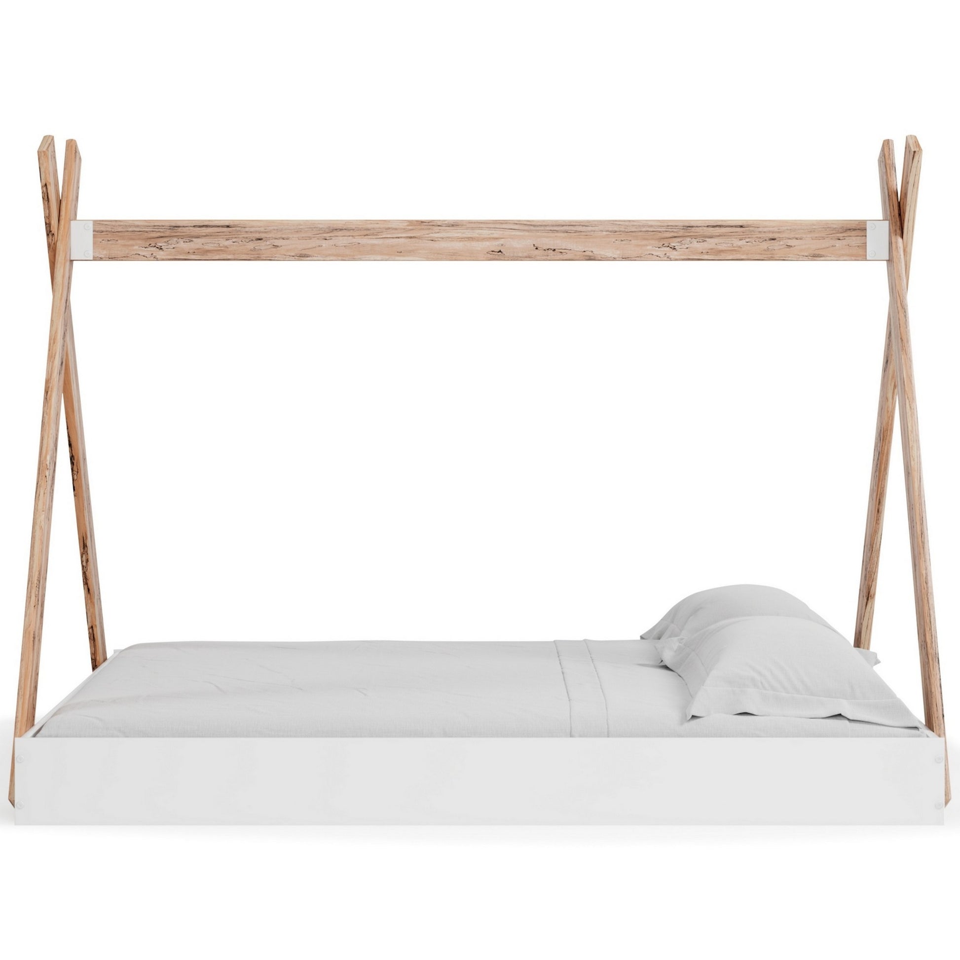 Pipa Modern Full Bed, Crossed Wood A Frame Tent Stand, Crisp White Base Brown White Engineered Wood