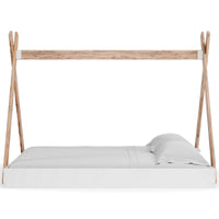 Pipa Modern Full Bed, Crossed Wood A Frame Tent Stand, Crisp White Base Brown White Engineered Wood