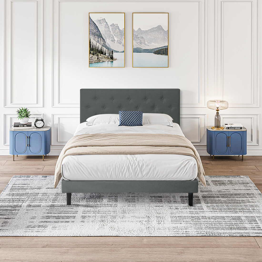 Twin Size Upholstered Platform Bed Frame With Modern Button Tufted Linen Fabric Headboard, No Box Spring Needed, Wood Slat Support, Easy Assembly, Drak Grey Twin Dark Gray Linen