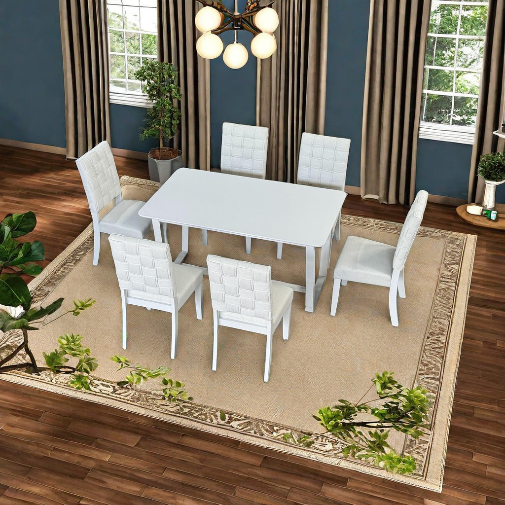 Fx D1 D1Dining Set Include 6*Chair Light Beige Colorlinen & Rubber Wood White Color Legs And 1*Table Light Grey Withe Color Total 7 Pcs Light Beige Wood Fabric