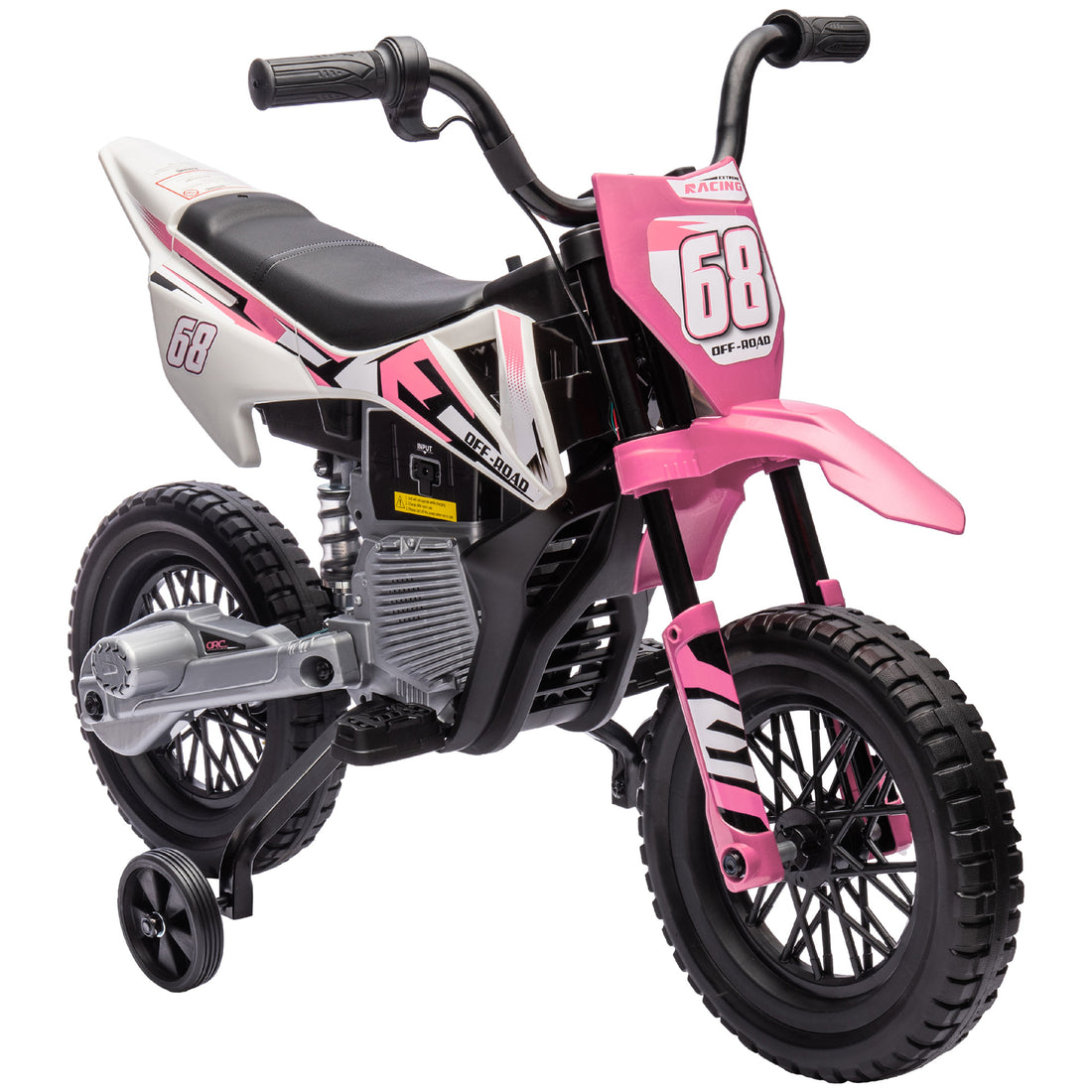 Qaba Kids Dirt Bike With Twist Grip Throttle, 12V Electric Motorcycle, Electric Bike For Toddler With Training Wheels, Rear Suspension & Music For Ages 3 6 Years, Pink Pink Plastic