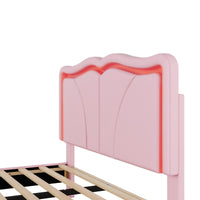 Full Size Upholstered Platform Bed With Curve Shaped And Height Adjustbale Headboard,Led Light Strips,Pink Full Pink Upholstered