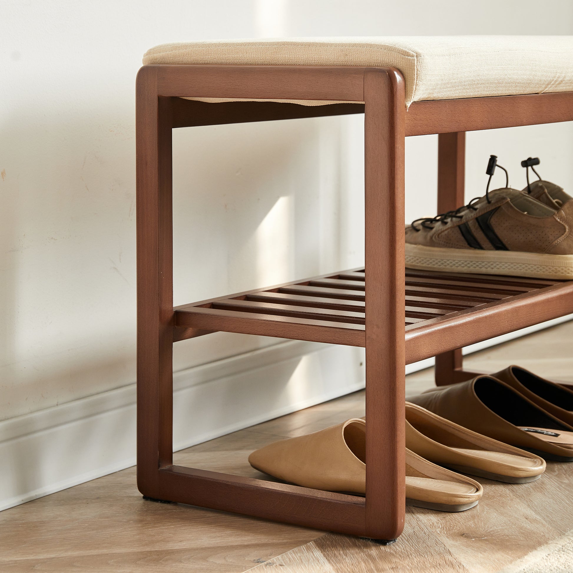 Walnut Color Solid Wood Shoe Bench, Beech Wood Storage Rack Organizer With High Rebound Sponge Cushion Walnut Brown Primary Living Space Beech Wood Shelves Upholstered Solid Wood