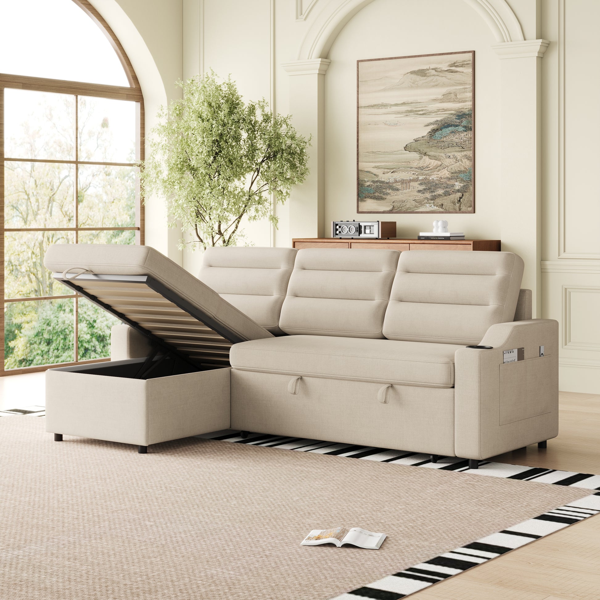 Mh83.5" Convertible Sleeper Combo Sofa, Convertible Sofa Bed Polyester Pullout Bed With Storage Recliner And Cup Holder For Living Room, Tight Spaces Beige Polyester Wood Primary Living Space Pine Foam Fabric 3 Seat