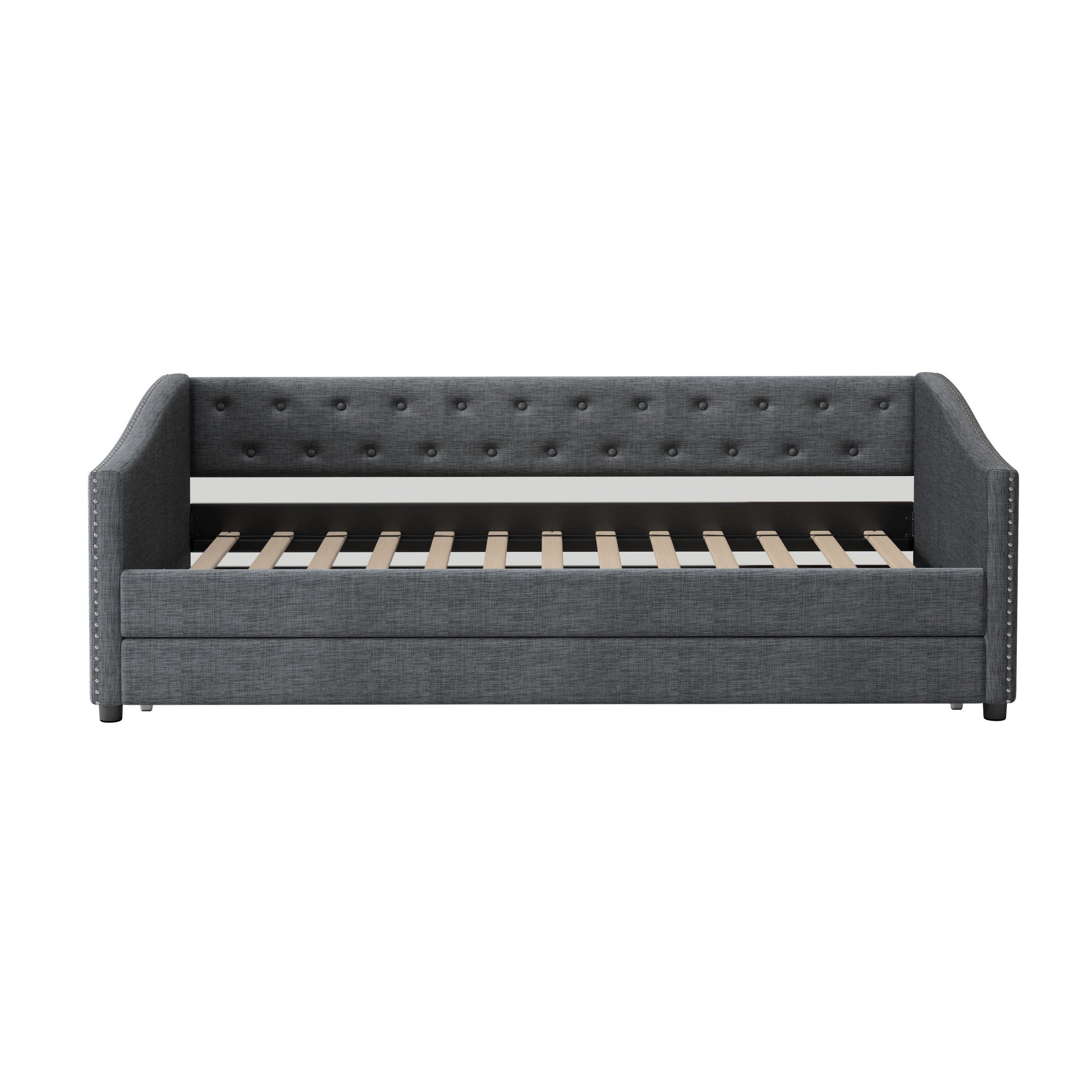 Twin Size Daybed With Twin Size Trundle Upholstered Tufted Sofa Bed, With Button On Back And Copper Nail On Waved Shape Arms Dark Grey Twin Dark Grey Wood Fabric