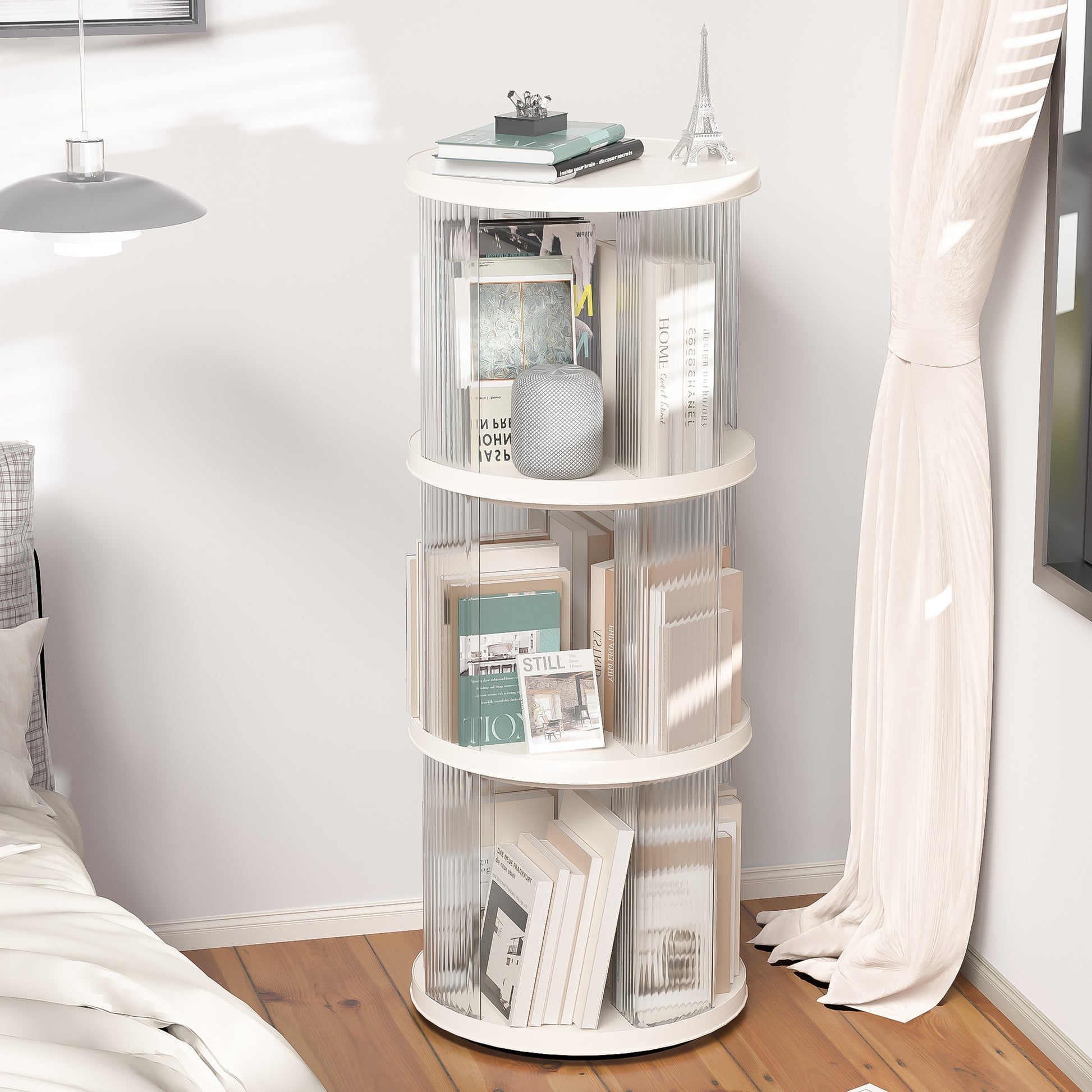 360 Rotating Bookshelf, Small Corner Bookcase With Small Footprint, 3 Tier Floor Standing Bookcasefor Kids&Adults, Narrow Book Shelf Organizer For Bedroom, Living Room, Round, White Cream White Bedroom American Design,Classic Polypropylene Abs,Pet