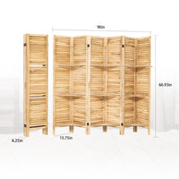 Room Divider 6 Panel, Wood Folding Room Divider Screen, Room Divider With Shelves And Easy Move Partition, Freestanding Room Screen Divider With Display Shelves Natural Color Natural Wood Rustic Wood