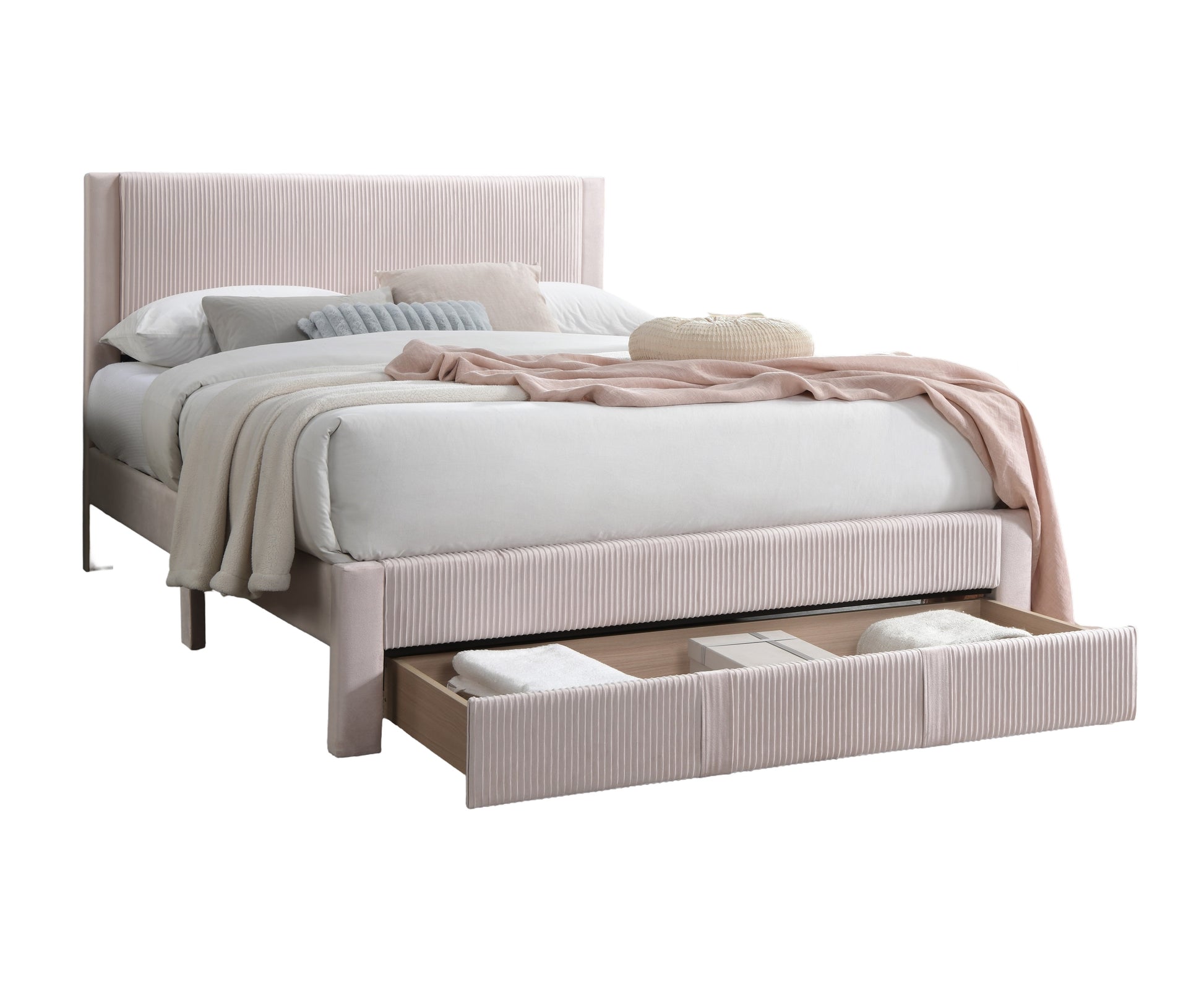 Contemporary 1Pc Queen Size Bed W Storage Drawer Light Pink Corduroy Texture Design Platform Bedframe Box Spring Not Required Queen Light Pink Wood Bedroom Contemporary,Modern Bed Frame Corduroy