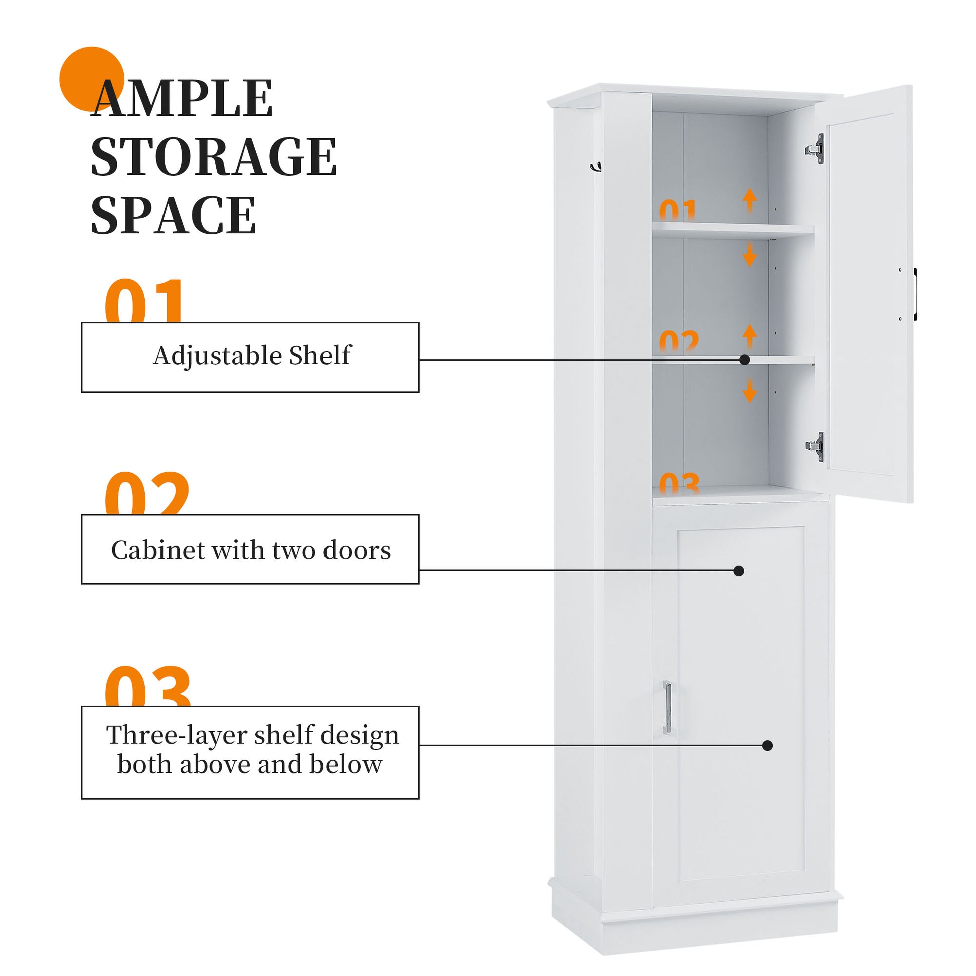 Tall Bathroom Storage Cabinet, Freestanding Storage Cabinet With Hook And Adjustable Shelf, Mdf Board, White White 2 Mdf