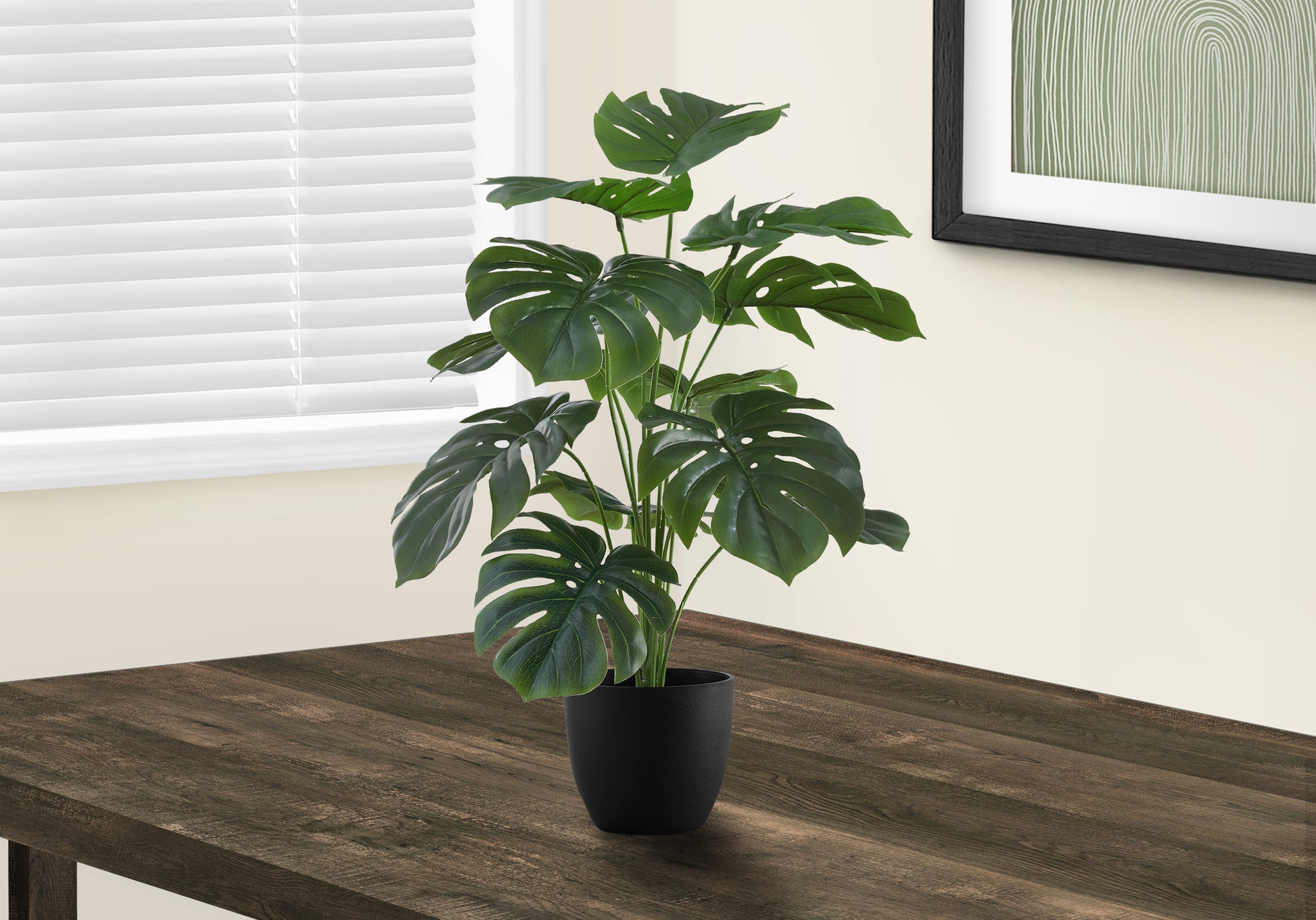 Artificial Plant, 24" Tall, Monstera, Indoor, Faux, Fake, Table, Greenery, Potted, Real Touch, Decorative, Green Leaves, Black Pot Green Foam Plastic