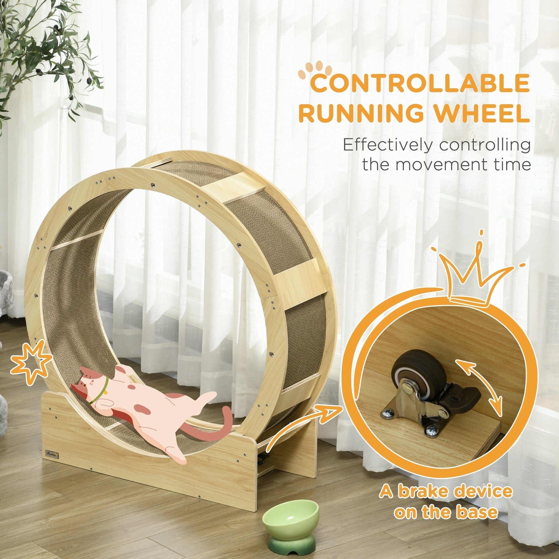 Pawhut Cat Wheel For Indoor Cats, 36" Cat Treadmill With Scratching Pads, Cat Exercise Running Wheel With Brake For Health And Fitness, Oak Oak Wood
