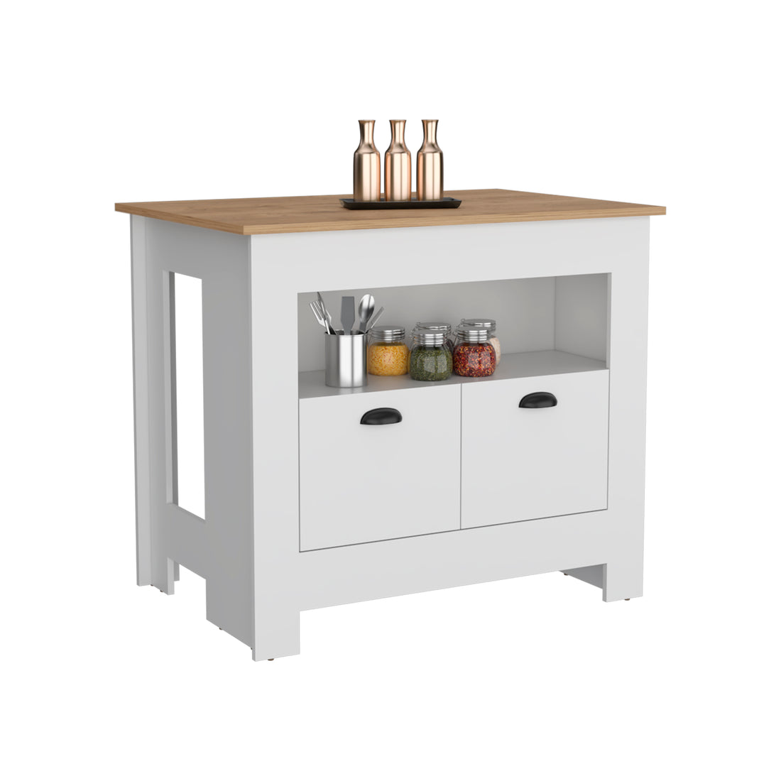 Floyd Kitchen Island 35" Hwhit 2 Doors, 3 Shelves, White Macadamia White Solid Wood Mdf Engineered Wood