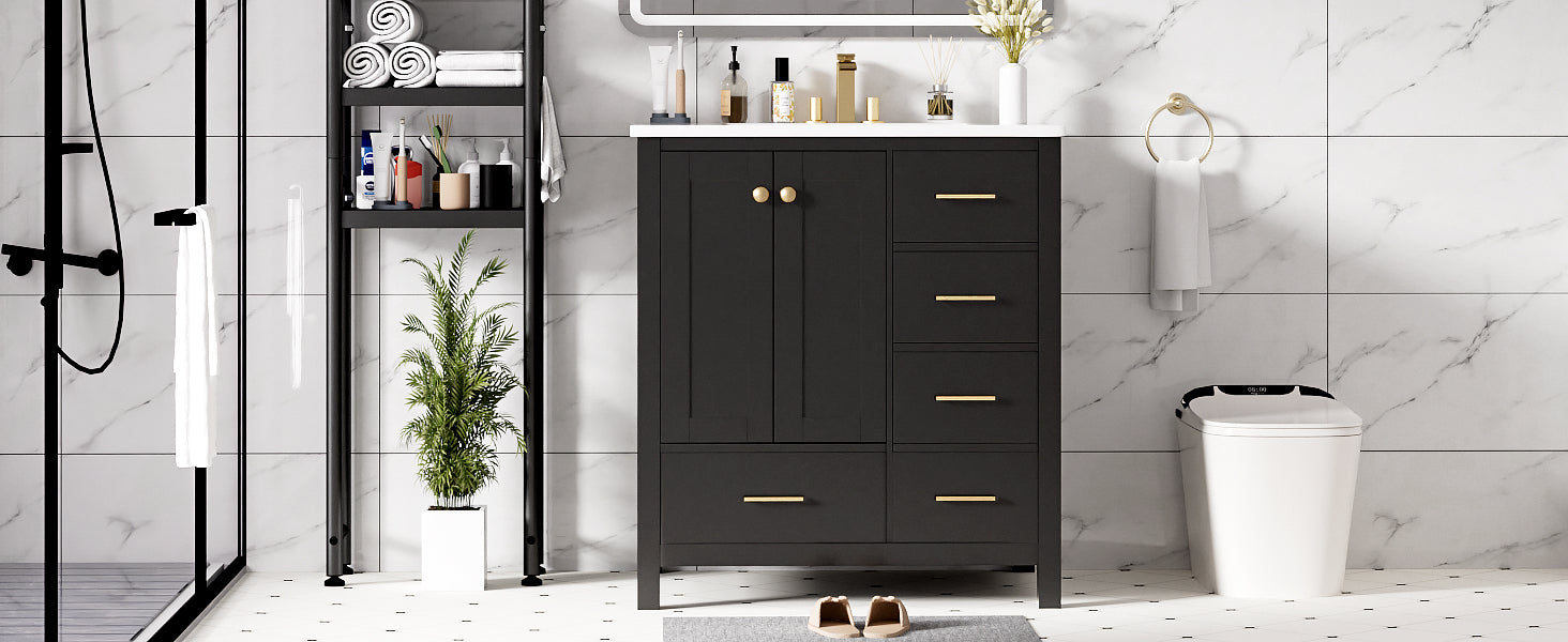 30'' Bathroom Vanity With Resin Sink Combo, Solid Wood Frame Bathroom Storage Cabinet, Freestanding Vanity Set With 4 Drawers& Soft Closing Doors, Black Black Bathroom Modern Solid Wood Mdf Resin