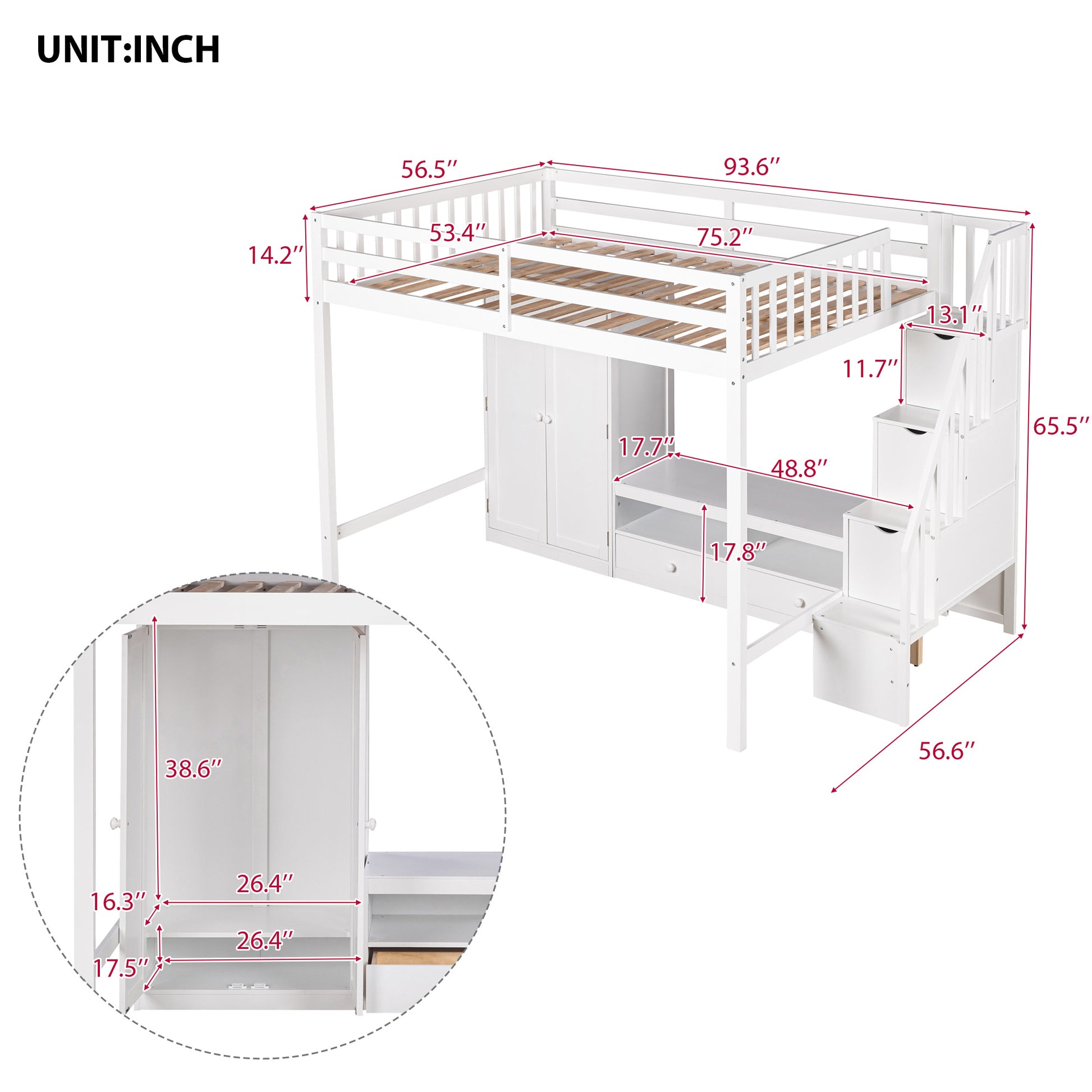 Full Size Loft Bed Frame With Wardrobe,Low Storage Table And Storage Staircase,White Gray Expected Arrival Time:10.20 White Solid Wood Mdf