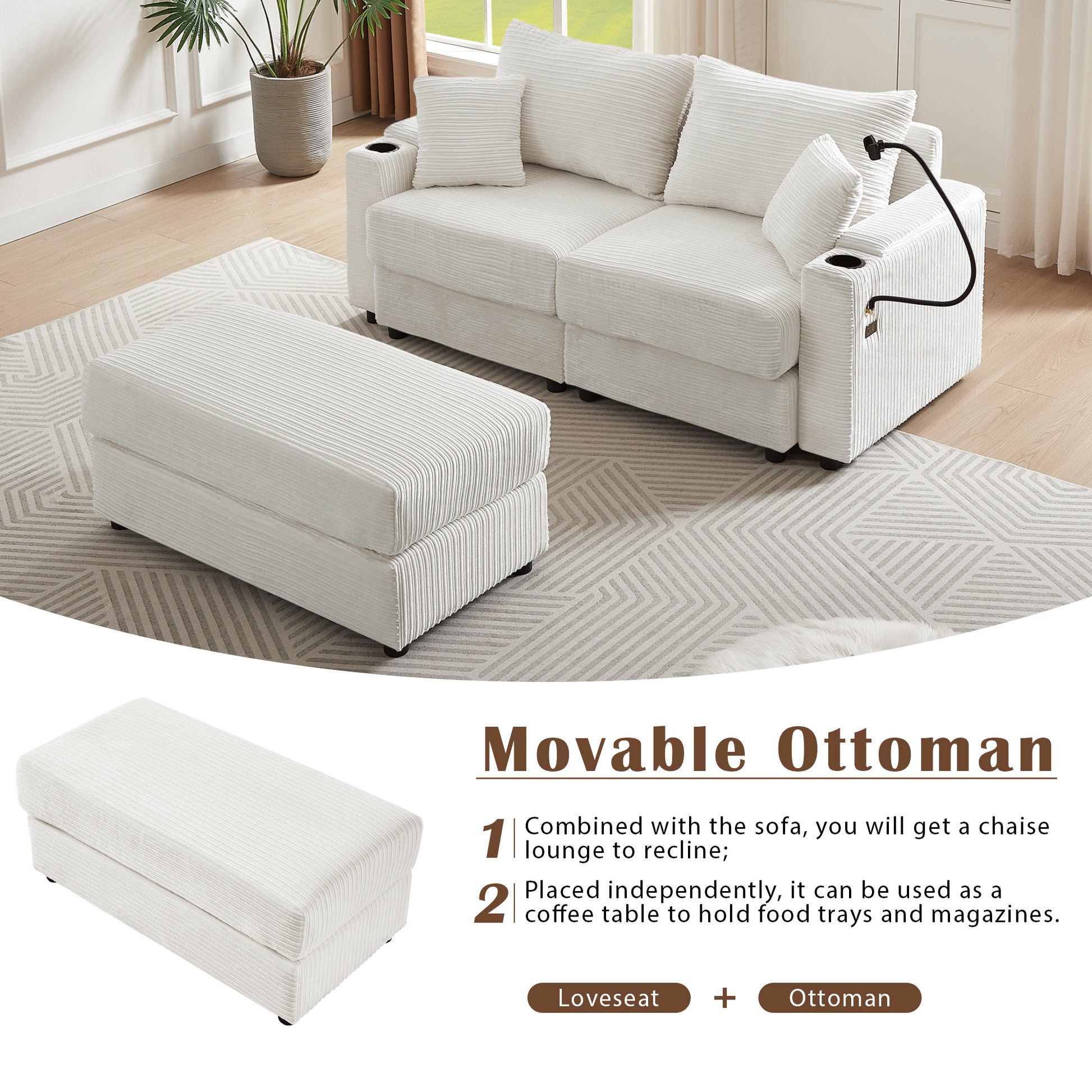 72.8" Modern Style Loveseat Sofa Sectional Sofa Couch With Storage Space, A Movable Ottoman, Two Usb Ports, Two Cup Holders, A Phone Holder For Living Room, Beige Beige Foam Corduroy 3 Seat