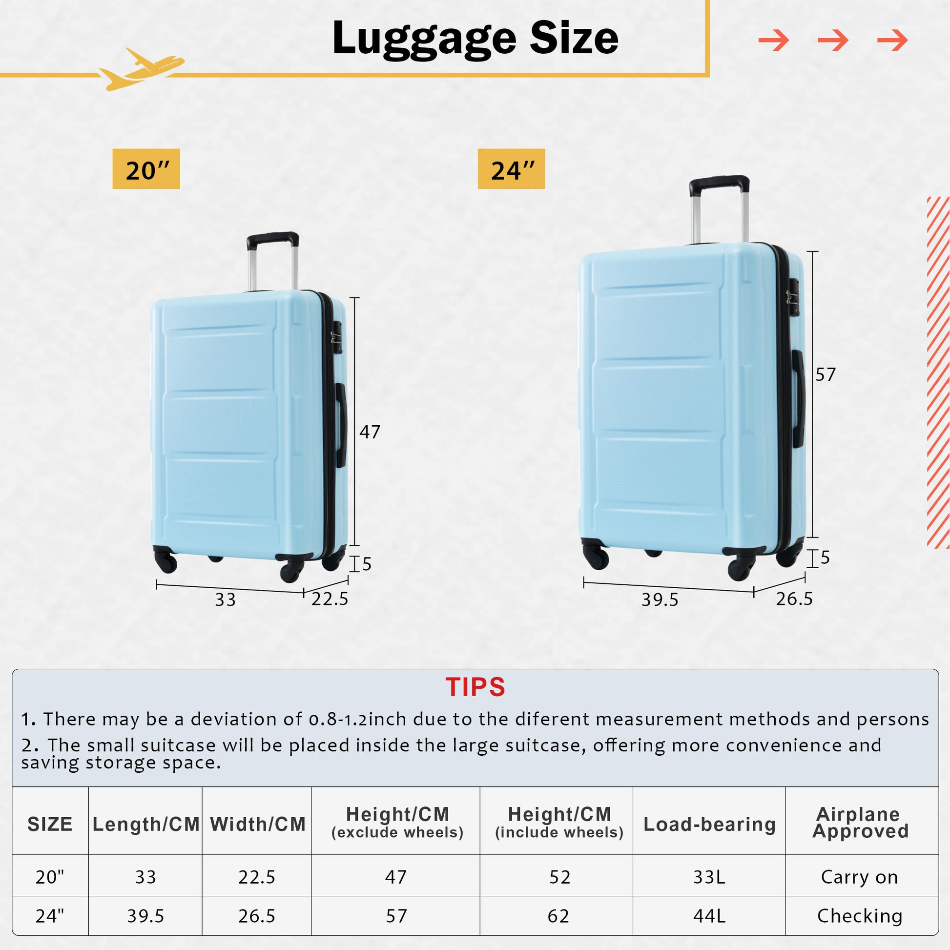 2 Piece Luggage Set With Bags Expanable Spinner Wheels Abs Lightweight Suitcase With Tsa Lock 20Inch 24Inch Light Blue Abs