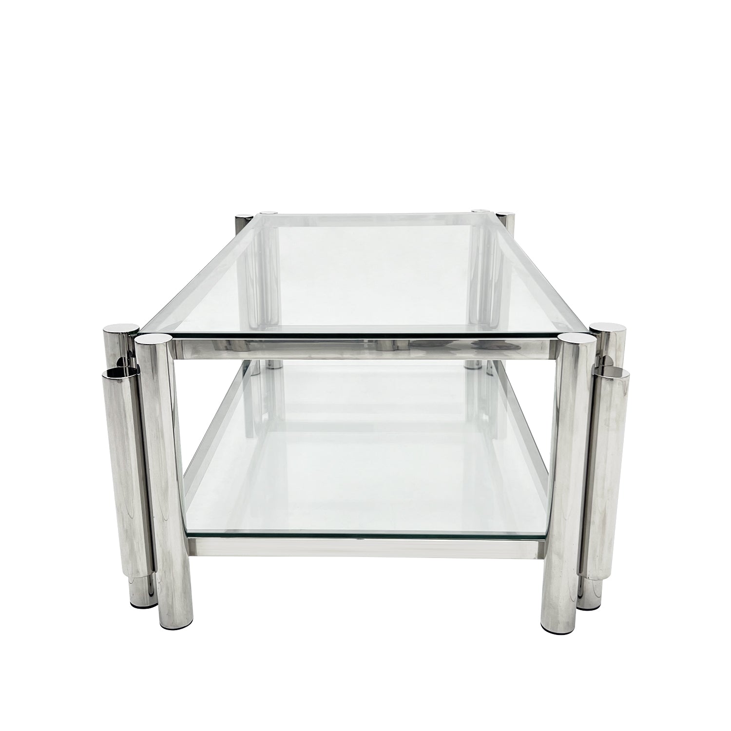 47" Wide Rectangle Modern Stainless Steel Coffee Table, Double Layer Clear Tempered Glass Coffee Table, Center Table With Storage, For Living Room Home Office, Easy Assembly, Silver Clear,Silver