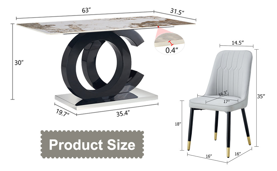 Table And Chair Set.63"X31.5" Marble Pattern Sintered Stone Table With Mdf Oc Shaped Bracket.Paired With 4 Light Gray Chairs With Pu Cushions And Black Metal Legs.Suitable For Kitchen,Dining