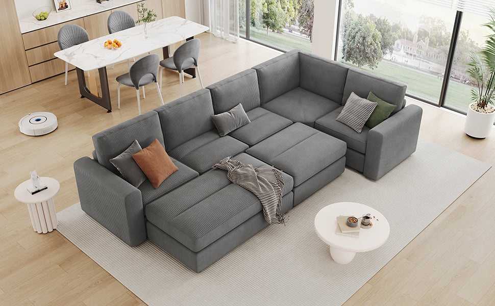 121.3" Sectional Couch Sofa Bed Modular Sofa With Two Movable Ottomans For Living Room Old Sku:N719S001640E , Gray Gray Foam Corduroy 7 Seat