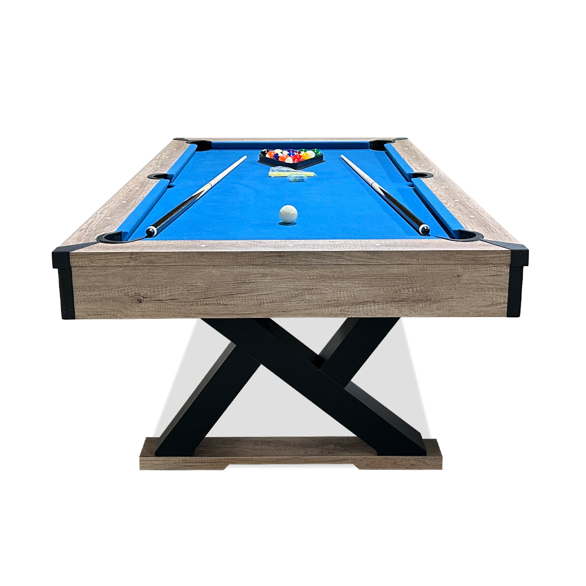 84"Billiard Table With Rustic Blond Finishk Shaped Legs And Royal Blue Cloth Indoor Fitness Blue Brown Gym Gym Mdf