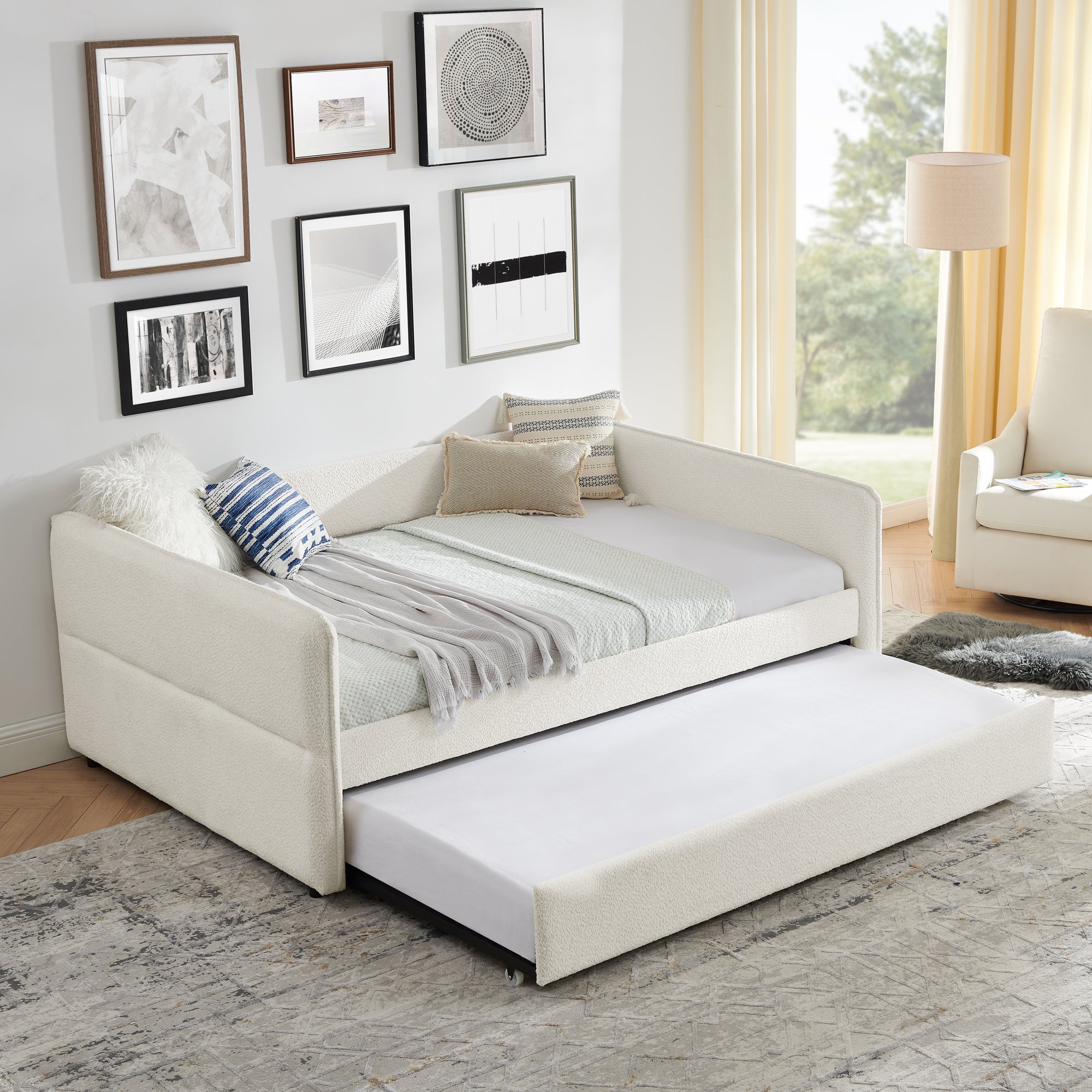 Daybed With Trundle Upholstered Tufted Sofa Bed, Full Size, Boucle Fabric, Beige 83"X58.5"X29.5" Beige Boucle