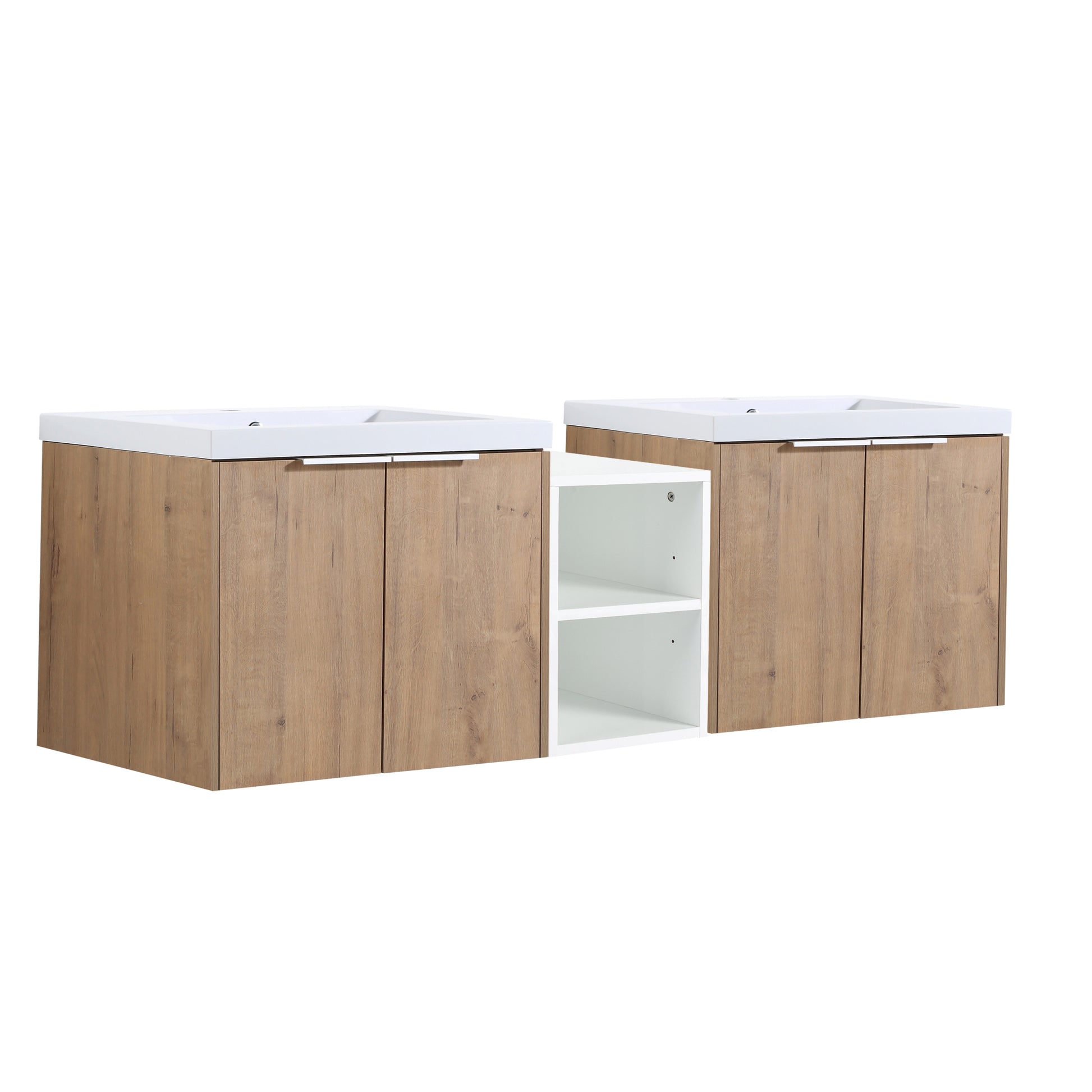 60 Inch Soft Close Doors Bathroom Vanity With Sink, A Small Storage Shelves, 24" And 12" Combination Cabinet, Kd Packing Imitative Oak 4 1 Bathroom Wall Mounted Modern Plywood