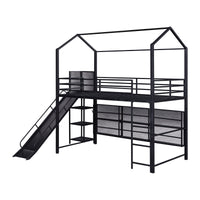 Twin Size House Metal Loft Bed With Iron Mesh Shelves And Slide,Black Black Metal