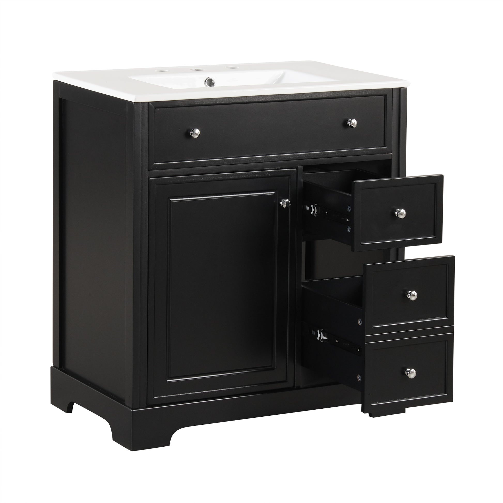 30" Bathroom Vanity With Sink Top, Bathroom Vanity Cabinet With Door And Two Drawers, Mdf Boards, Solid Wood, One Package, Black Black Solid Wood Mdf