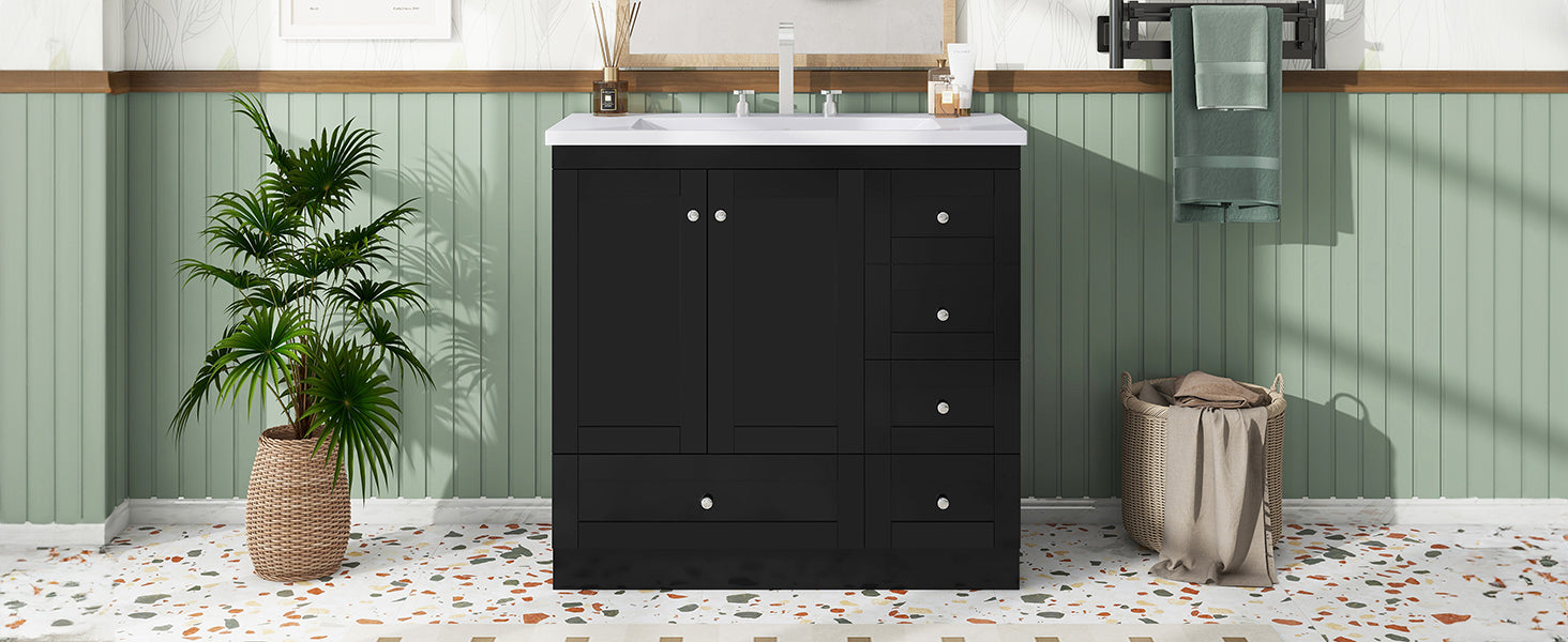 Video 36 Inch Shaker Style Free Standing Bathroom Vanity Cabinet With Sink, 4 Soft Close Drawers And 2 Soft Close Doors Black Bathroom Mdf