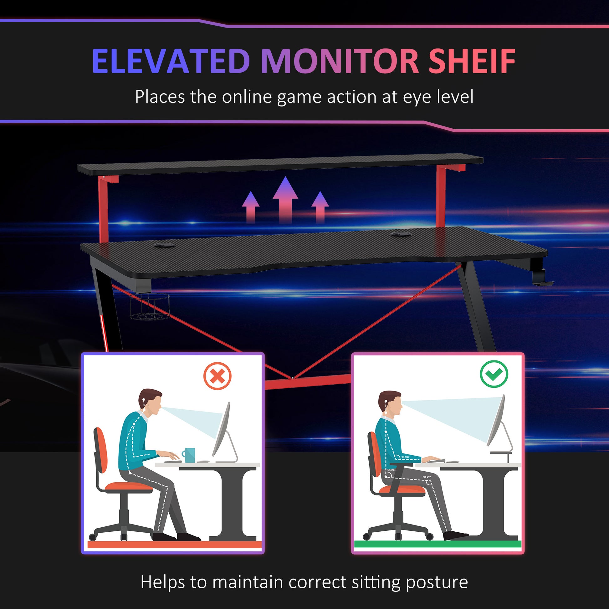 Homcom 47 Inch Gaming Desk Racing Computer Desk Home Office Workstation With Elevated Monitor Shelf Rotatable Cup Holder Headphone Hook, Black Black Mdf