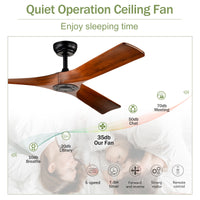 52" Ceiling Fan With Remote Control No Lights,Modern Reversible Dc Motor Indoor 3 Blades Ceiling Fans For Patio Bedroom Living Room Matte Black Wood Metal