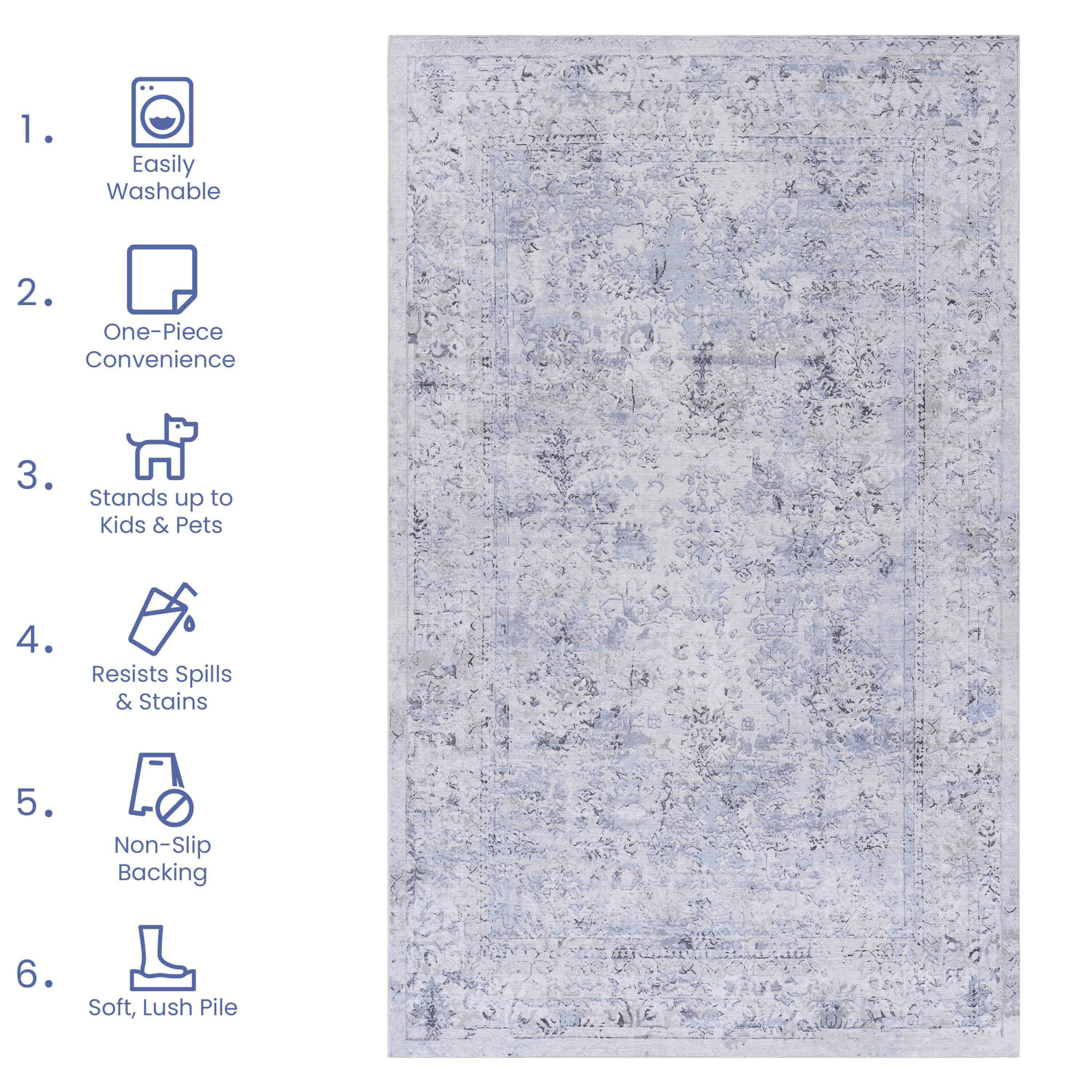 Area Rug 3X5, Washable Rug, Low Pile, Non Slip, Non Shedding, Foldable, Kid & Pet Friendly Area Rugs For Living Room, Bedroom, Kitchen, Dining Room Rug Perfect Gifts, Blue Cream, 3' X 5' Blue Cream Chenille Polyester