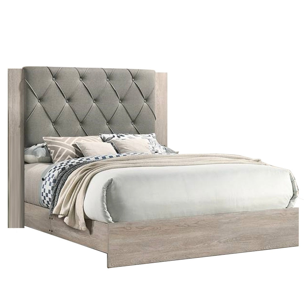 Contemporary 1Pc Cream Finish Queen Size Bed Bedroom Furniture Gray Tufted Design Headboard Rubberwood 1Pc Bedframe Box Spring Required Queen Cream Grey Wood Bedroom